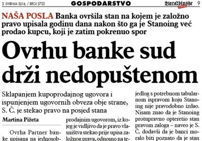 Ovrhu banke na kupljeni Stanoingov stan sud ocijenio nedopuštenom